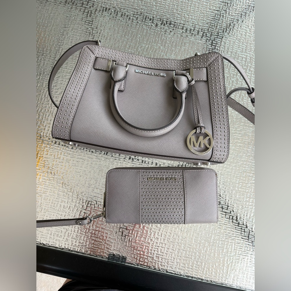 Michael Kors Taupe Studded Satchel and Wallet Set